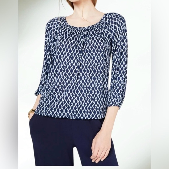 MICHAEL Michael Kors Tops - MICHAEL Michael Kors Womens Diamond Print Ruched Peasant Top Blue Size Small EUC